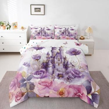 Imagem de jejeloiu Conjunto de edredom de princesa, castelo, roxo, para crianças, meninos, meninas, fofo, kawaii, decoração de quarto, roxo, branco, microfibra, 3 peças com 2 fronhas