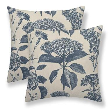 Imagem de Capas de almofada floral azul marinho 45,7 x 45,7 cm, conjunto de 2 capas de almofada decorativas de hortênsia vintage de linho vintage para decoração de flores ao ar livre para sofá de casa