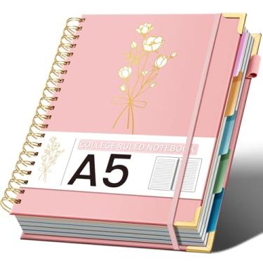 Imagem de Cadernos espirais de capa dura 15,5 cm x 21,3 cm Caderno para anotações com 5 matérias, pautado na faculdade, com divisórias, 240 páginas, caderno espiral estético de 100 g/m² para trabalho, escola