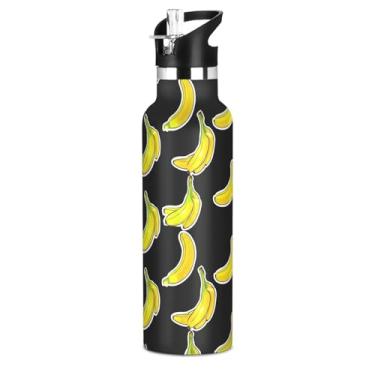Imagem de Garrafas de água isoladas de aço inoxidável de 590 ml com tampa de canudo para bebidas frias ou quentes, copos de viagem à prova de vazamento de parede dupla com desenho animado amarelo banana preto à