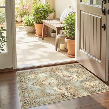 Imagem de jinchan Tapete de entrada 5 x 7,5 cm, estampa vintage, lavável, antiderrapante, fino, elegante, retrô, interior, tapete pequeno, tapete para entrada, cozinha, quarto, lavanderia