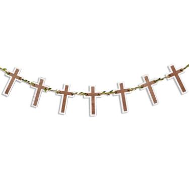Imagem de Faixa de cruz de madeira - Guirlanda de cruz de batismo, decoração de guirlanda de fazenda com barbante de folhas para batismo, batizado, decoração de primeira comunhão, Páscoa