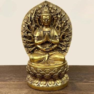 Imagem de FENNYYAR Estátua de Buda de Bodhisattva Guanyin com mil mãos de cobre, 22 cm 21,8 cm, ornamento de decoração de casa