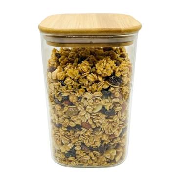 Imagem de Pote Quadrado Porta Mantimentos em Vidro Borossilicato com Tampa de Bambu 1,1L