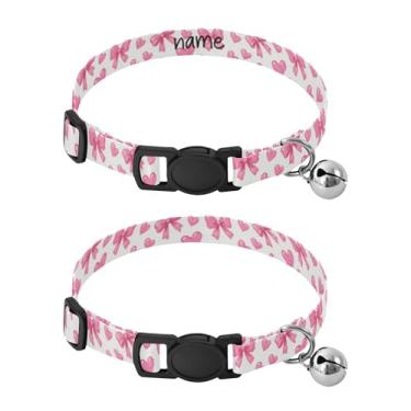 Imagem de SEHANY Conjunto de 2 coleiras de cachorro com laço rosa fofo, fivela de plástico resistente, leve, macia e leve, com sino pequeno, coleiras personalizadas com nome de animal de estimação para meninos