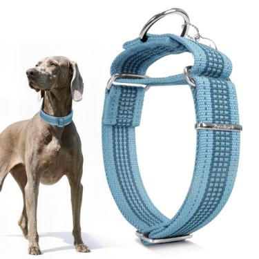 Imagem de Dazzber Coleira de cachorro Martingale de 3,8 cm, à prova de fuga e antiderrapante, nylon refletivo extra forte, listras ajustáveis de duas cores para cães de médio a grande porte (M-Baby Blue)