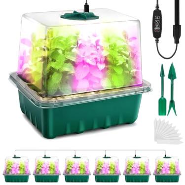 Imagem de Bandeja inicial de sementes com luz de cultivo, 6 kits de sementes para iniciantes com cúpulas de luz e umidade, controlador de temporização, brilho ajustável e 3 modos de luz, bandejas de germinação
