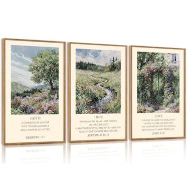 Imagem de IARTTOP Conjunto de arte de parede em tela de paisagem de escritura cristã emoldurada, citação inspiradora, versículo bíblico, decoração de parede, Jesus, religiosa, fé, esperança, amor, impressão