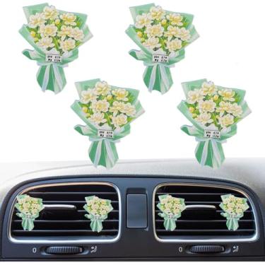Imagem de 4 peças mini buquê de flores secas artificiais aromatizador de ar de carro, clipe de ventilação de carro decoração de interiores de carro, acessórios de ventilação para meninas e mulheres (jasmim)