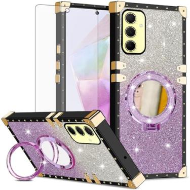 Imagem de Asuwish Capa de celular para Samsung Galaxy A35 5G capa magnética com protetor de tela de vidro temperado e espelho brilhante brilhante anel resistente à prova de choque suporte rígido A 35 35A A355G