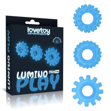 Imagem de Kit com 3 Anéis Penianos Luminosos, Silicone, Azul, Glow in the Dark Lumino Play - Lovetoy