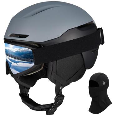 Imagem de JQF Gear Capacete de esqui capacete de snowboard para adultos, homens e mulheres, capacete de neve ajustável X13 com óculos para esportes de neve (óculos de esqui cinza fosco (máscara de esqui