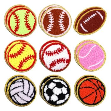 Imagem de 18 peças de adesivos esportivos de ferro, beisebol, rúgbi, futebol costurado, aplique bordado, basquete, vôlei, futebol, tênis, chenille, remendos de roupas esportivas para jeans, chapéus, mochila