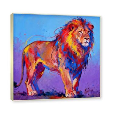 Imagem de NHLDZYH Moldura dourada. Quadro abstrato de leão - arte moderna com salpicos de cor vibrante - arte de parede energética para casa, escritório ou negócios - tela decorativa. A15. 80 x 80 cm.