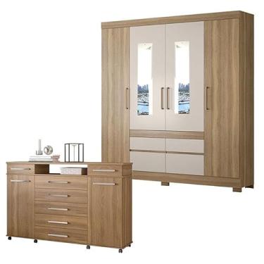 Imagem de Cômoda London e Guarda Roupa Casal Bilbao Amêndola Off White com Espelho - Demóbile