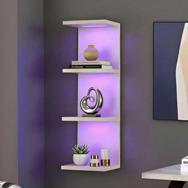 Imagem de VIWODS Prateleira de parede de 4 camadas com luzes RGB, prateleira flutuante para decoração de casa, prateleira vertical montada na parede para quarto e sala de estar, branca