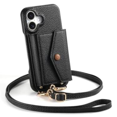 Imagem de Bolsa de ombro para iPhone 17/17 Air/17 Pro/17 Pro Max, com porta-cartões e espelho de maquiagem, capa para celular, carteira de couro elegante (preta, 17 ar)