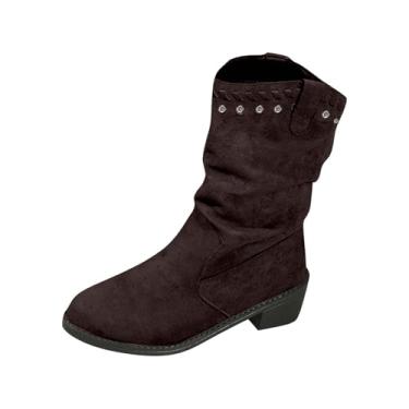 Imagem de Botas femininas casuais de inverno material de camurça bico redondo salto bloco altura do tornozelo para uso confortável e diário, Café, 35