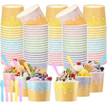 Imagem de Jingmore 60 peças de copos de sorvete de papel a granel com colheres tigelas descartáveis de sorvete de papel para sobremesa, lanche, sopa de iogurte, suprimentos de festa de verão (227 g)