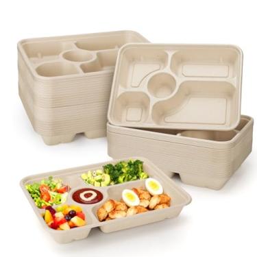 Imagem de Pacote com 25 pratos de papel descartáveis com 5 compartimentos, bandeja de almoço escolar de bagaço compostável, pratos seccionais biodegradáveis para alimentos de cana de açúcar, bandeja dividida