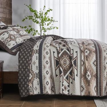 Imagem de Finlonte Conjunto de cama queen size, 100% algodão, edredom queen geométrico do sudoeste, marrom preto tradicional asteca leve macio acolchoado para todas as estações, 3 peças