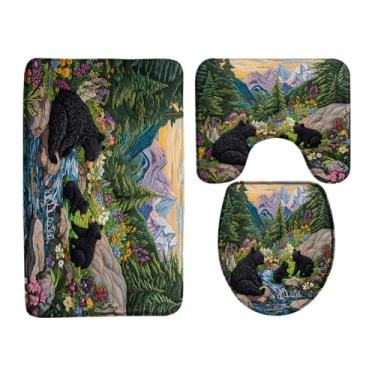 Imagem de GCTNBJL Conjunto de tapete de banho com 3 peças, natureza, verde, floresta, animal selvagem, urso preto, flor colorida, montanha, vintage, abstrato, 18 x 29 cm, tapetes de banheiro, capa de assento de