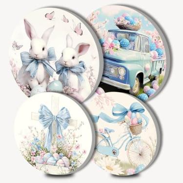Imagem de Conjunto de 4 capas de fogão Happy Easter Bunny Truck de 20 cm e 25 cm, ovo de Páscoa, bicicleta, cozinha, fogão, decoração, cozinha, decoração de casa, coelho, fogão, elétrico, coberturas, decoração
