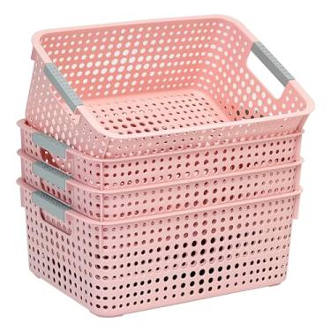 Imagem de Pacote com 4 cestos organizadores de plástico totalmente vazados com alças, organizador multiuso para embaixo da pia do banheiro, armário de cozinha, ideal para artigos de higiene pessoal (rosa, médio