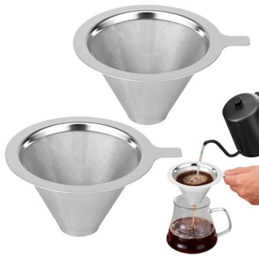 Imagem de Gotejador de café com 2 peças, filtro de café de aço inoxidável de malha dupla, cone de gotejamento de café sem papel e reutilizável com alça, coador de café permanente para 1 a 2 xícaras