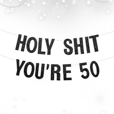 Imagem de Decorações engraçadas de aniversário de 50 anos para homens e mulheres, faixa grande pré-amarrada rude Holy Shit You're Old Banner, suprimentos de festa de aniversário de marco com glitter, cartolina