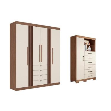 Imagem de Guarda Roupa Cômoda 2 Peças Casal QC303 4 Portas de Bater 4 Gavetas MDP Fosco Texturiza...