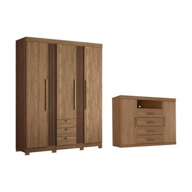 Imagem de Guarda Roupa e Cômoda Solteiro e Closet QC316 5 Portas de Bater 7 Gavetas MDP com Prateleiras e Cabideiros Jatobá