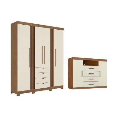 Imagem de Guarda Roupa e Cômoda Casal Qc287 4 Portas de Bater 4 Gavetas em Mdp com Cabideiro e Pé...