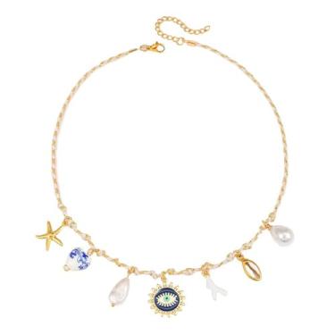 Imagem de Colar com pingente de sol, estrela-do-mar, pérola, coração, tartaruga, sol, dopamina, aço inoxidável, clavícula, joia banhada a ouro