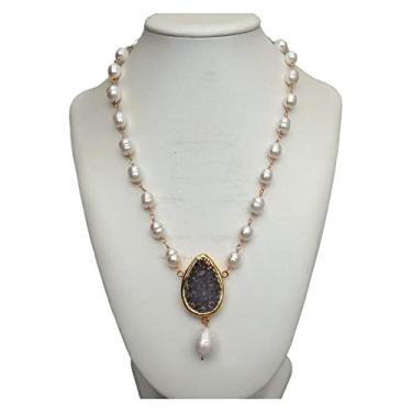 Imagem de DWBPGVUN Colar gargantilha de rosário de pérola de arroz branco cultivado com pingente de drusa de quartzo 48 cm