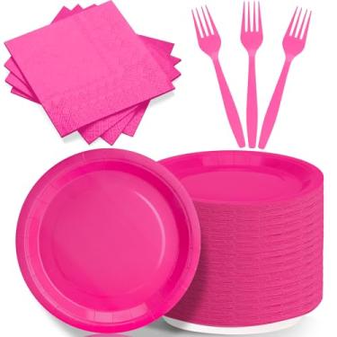 Imagem de CENLBJ Pratos e guardanapos de festa rosa choque, incluem pratos de sobremesa descartáveis de 17 cm, guardanapos, garfos, suprimentos de festa para aniversário, chá de bebê, casamento, piqueniques