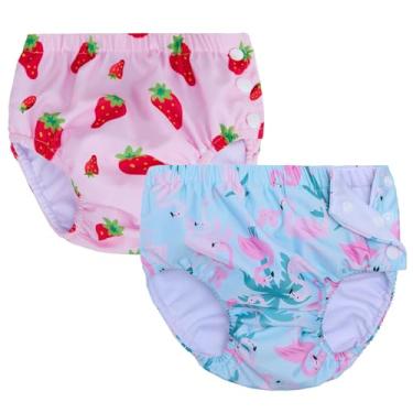 Imagem de Pacote com 2 fraldas de natação reutilizáveis para bebês recém-nascidos, laváveis, unissex, fraldas de natação infantis, Morango rosa e flamingo, 6-18 M