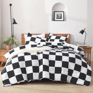 Imagem de Andency Jogo de cama solteiro xadrez GG (168 x 236 cm), preto e branco, xadrez, búfalo, búfalo, para estudantes, meninos, crianças, adolescentes, 2 peças, roupa de cama geométrica de microfibra leve