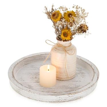 Imagem de Romadedi Suporte de vela rústico de madeira – Bandeja de vela decorativa de madeira redonda para mesa de café, casa de fazenda, cozinha, bancada, organizadora, decoração de casa, centro de mesa, casamento, branco envelhecido