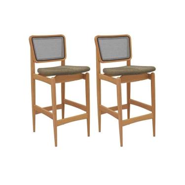 Imagem de Banqueta Cozinha Liz 1BMM009CA Premium Madeira Maciça Kit 2 Un Carvalho/Boucle Bege Fendi/Tela Bege Kappesberg