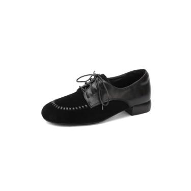 Imagem de TinaCus Sapato feminino de camurça Oxford grosso feito à mão bico redondo com cadarço macio para festas de negócios, Preto, 36