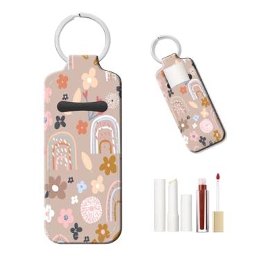 Imagem de PLKTJOSA Chaveiro de protetor labial personalizado, capa de couro reutilizável - ideia de presente de Natal (arco-íris e flores delicadas de primavera)