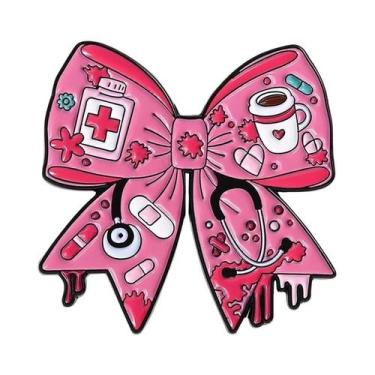 Imagem de Broche De Esmalte Rosa Com Laço Gótico De Halloween, Estetoscópio E Es