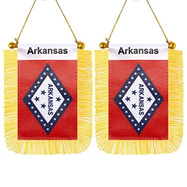 Imagem de CANTENDO Pacote com 2 bandeiras americanas para pendurar na janela do Arkansas, mini bandeira de carro do estado do Arkansas dos EUA com haste borla ventosa decoração de espelho retrovisor (7 x 12 cm)