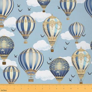Imagem de Tecido de balão de ar quente por The Yard aquarela listras azuis desenho animado nuvens tecido para crianças amantes de costura pássaros selvagens fofo decoração de animais tecido para estofamento DIY