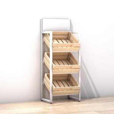 Imagem de Prateleiras de vegetais de supermercado comercial, rack de exibição de frutas e vegetais de 3/4 camadas, suporte de lanche de grande capacidade com cestas de madeira para cozinha e armazenamento de