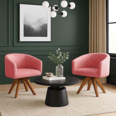 Imagem de Poltrona Sala Base Giratória Madeira Kit 2 Arielle Suede D03 - D'rossi Rose