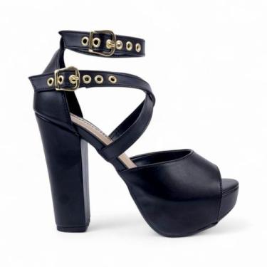 Imagem de Sandália Meia Pata Feminina Salto Grosso Trançada - Senhorella, Preto,