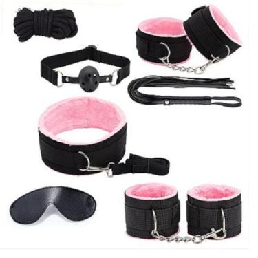 Imagem de Kit Sado BDSM Coleira Modarça Algema Tornozeleira Venda ROSA - SI