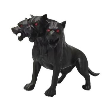 Imagem de Estátua De Cão Gótico Preto Assustador Com Três Cabeças Para Decoração